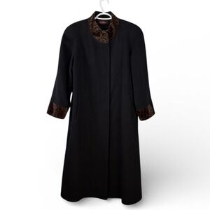 ALORNA Black Wool Blend Coat Leopard Trim Collar Cuffs Made in USA Women